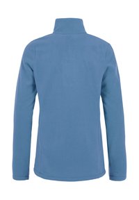 Giacca in pile di blu medio, con colletto alto, maniche lunghe e una texture liscia senza loghi o motivi visibili.