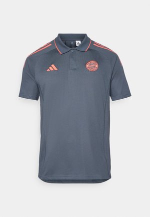 Dark gray polo shirt with short sleeves, featuring orange accents on the shoulders and collar, and a Bayern Munich logo on the chest.