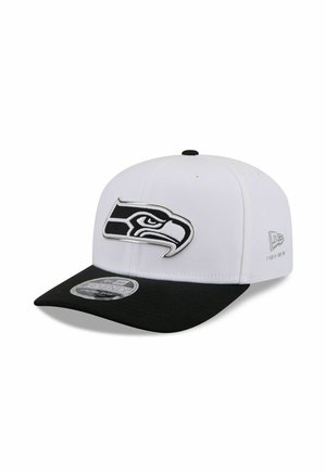 White and black snapback cap featuring a stylized bird head logo on the front and a New Era logo on the side.