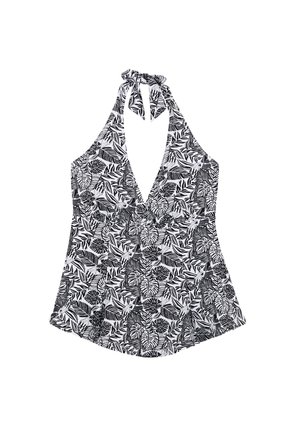 Haut col halter en noir et blanc mettant en avant un décolleté plongeant et un motif de feuilles tropicales, fabriqué en tissu léger.