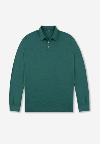 Polo a maniche lunghe di colore verde scuro, in tessuto texturizzato, con colletto e patta con tre bottoni. Design semplice, senza motivi.