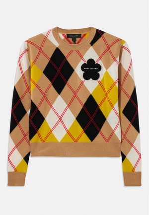 Knitted sweater featuring a multicolored argyle pattern in beige, black, white, yellow, and red. Includes a black floral logo detail.