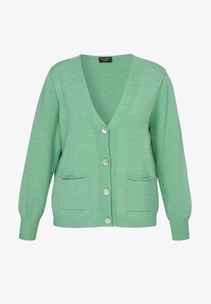 Green knitted cardigan with V-neck, four white buttons, long sleeves, two front pockets, and ribbed cuffs and hem.