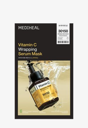 Verpackung der Mediheal Vitamin C Wrapping Serum Maske mit einer eingetauchten Tropfflasche, beschriftet mit "Vitamin C Brightening Serum 30150."