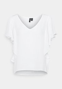 Top bianco a maniche corte con scollatura a V e dettagli arricciati sulle maniche. Realizzato in tessuto leggero con una vestibilità rilassata e orlo arrotondato.