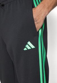 Černé joggingové kalhoty s zelenými pruhy po stranách a vyšitým zeleným logem. Materiál vypadá jemně a má volný střih.