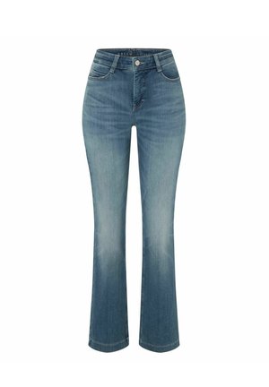 Jeans azzurri chiari con design a gamba svasata, vita alta e stile a cinque tasche. Realizzati in denim con una leggera scoloritura per un look casual.