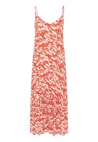Ärmelloses Maxikleid mit verstellbaren Spaghetti-Trägern, rotem und weißem abstraktem Muster sowie einem V-Ausschnitt.