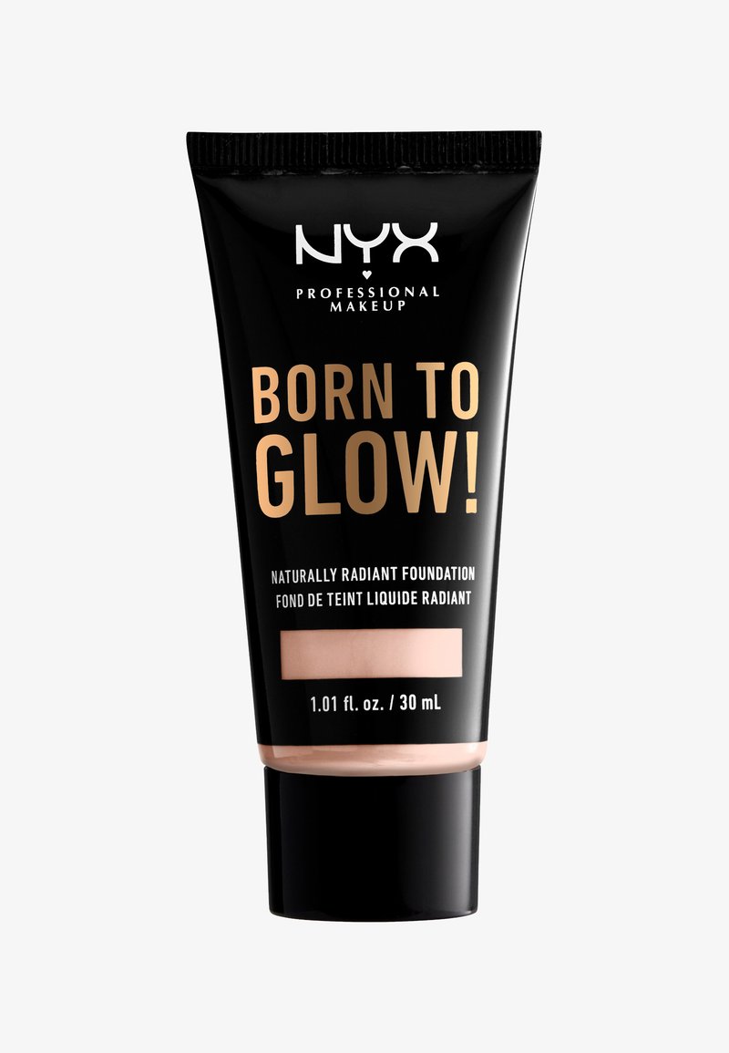 NYX Professional Makeup Born to Glow naturally radiant liquid foundation tube, 30 mL, black packaging with beige text.