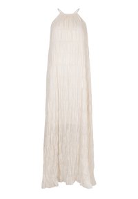 Langes, weißes Halterkleid mit strukturiertem, gerafftem Muster. Aus leichtem Stoff gefertigt, verfügt es über eine fließende Silhouette und einen dezenten Rüschensaum.