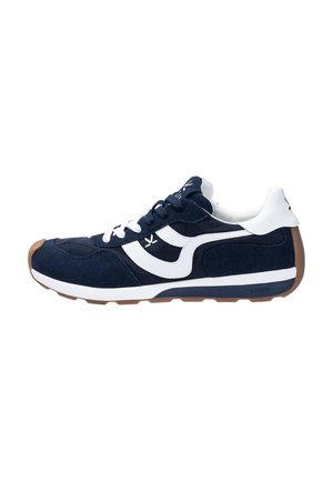 Navy blue and white sneaker with white laces, side stripe detail, and brown rubber sole, shown in right profile view.