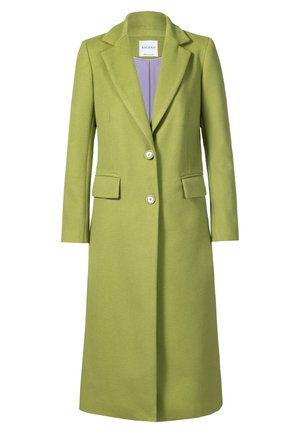 Grøn uldblandingsfrakke med skræddersyet design, reverskrave, to frontlommer og to-knaplukning. Foret med lavendel.