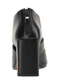 Schwarze Leder-Ankle-Boots mit einem hohen Blockabsatz und einem Reißverschluss hinten. Glatte Textur, elegantes Design und leicht abgerundete Zehenform.
