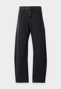 Black denim jeans with a straight-leg design, five pockets, belt loops, and subtle stitching details, featuring a smooth texture.