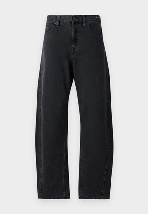 Juodos denim kelnės su tiesaus kirpimo dizainu, penkios kišenės, diržo kilpos ir subtilūs siuvimo akcentai, turinčios lygią tekstūrą.