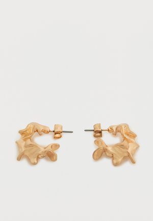 Boucles d'oreilles dorées avec une forme abstraite et organique, présentant une surface texturée et une fermeture à poussette.