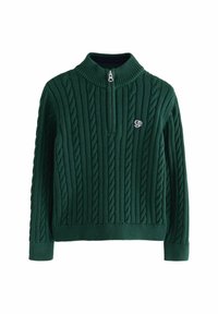 Suéter verde de punto con cremallera y diseño de trenza, cuello alto y un pequeño logo en el pecho. Puños y borde inferior acanalados.