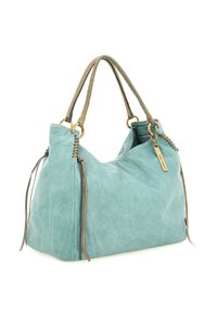 Borsa a tracolla in suede turchese con forma morbida, dettagli in pelle e hardware color oro. Presenta manici intrecciati e nappine decorative.