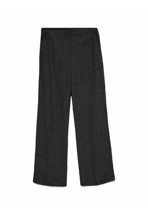 Pantaloni a gamba larga in tessuto grigio scuro con finitura testurizzata. Presentano una vita pulita e nessuna tasca o hardware visibile.