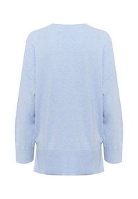 Helles blauer Pullover mit entspanntem Schnitt, Rundhalsausschnitt, gerippten Manschetten und Saum. Hergestellt aus weichem, atmungsaktivem Stoff mit glatter Textur.