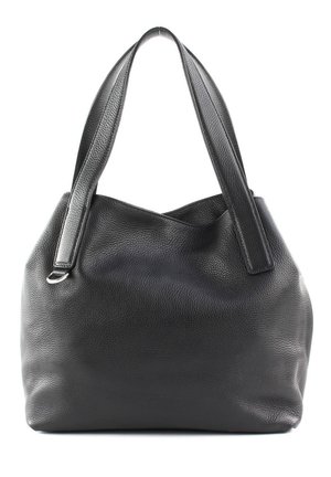 Schwarze strukturierte Lederhandtasche mit zwei dicken Schulterriemen und silbernem Metallringdetail an einem Riemen.