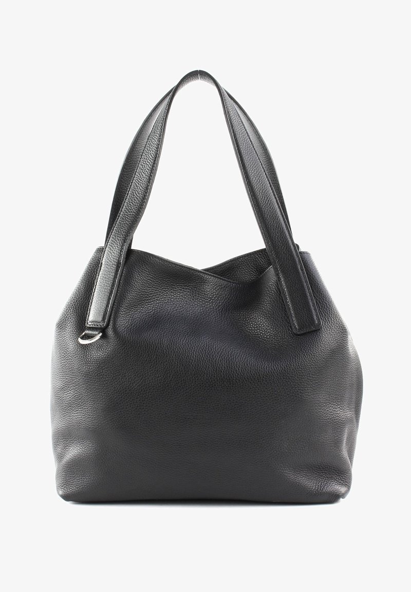 Sac à main en cuir noir texturé avec deux larges bretelles et un détail en anneau métallique argenté sur une bretelle.