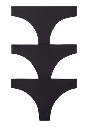 Perizomi neri, tre pezzi esposti. Tessuto morbido e elastico con una superficie liscia. Design minimalista e bande laterali larghe.