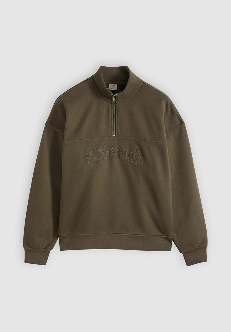 Sweat-shirt vert olive avec col montant, fermeture éclair au quart, et logo brodé sur le devant. Tissu doux et texturé avec poignets côtelés.