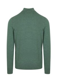 Groene gebreide trui met lange mouwen en hoge kraag, van achteren weergegeven op een witte achtergrond.