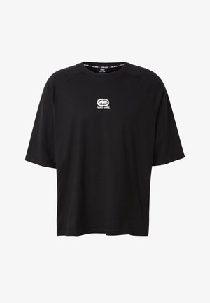 Fekete rövid ujjú póló fehér Ecko Unltd. orrszarvú logóval és felirattal, középen a mellkason, kerek nyakkivágással.