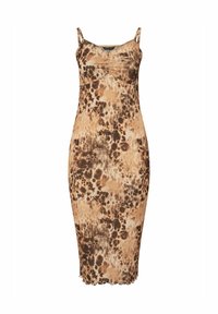 Robe sans manches, ajustée, dans des teintes de brun et de beige avec un motif éclaboussé. Présente un décolleté arrondi et un ourlet en dentelle. Texture lisse.