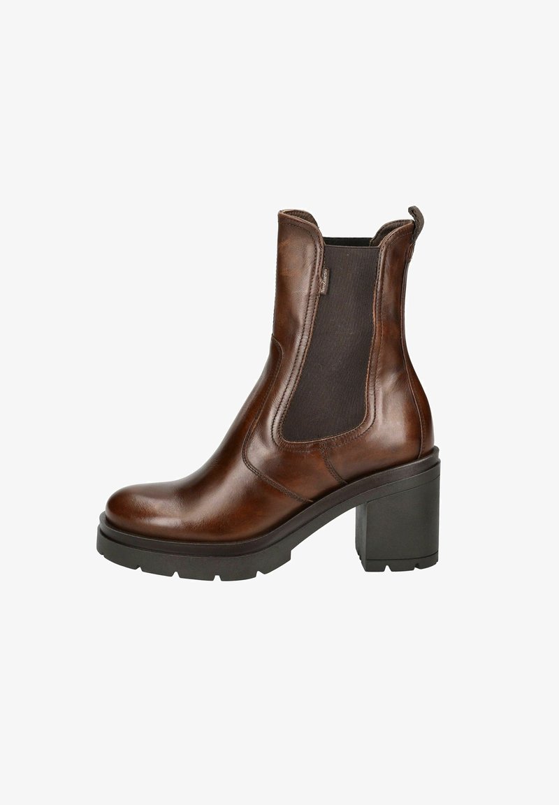 Braune Lederstiefelette mit elastischen Seitenpaneelen, runder Zehenform und klobigem schwarzen Absatz. Glatte Textur mit dezenten Nähdetails.