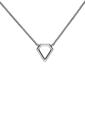 Zilveren ketting met een geometrische, holle diamanten hanger. Het materiaal heeft een gepolijste afwerking met een gladde textuur.