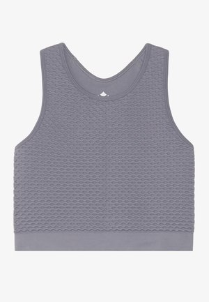 Gray sports bra made of textured material with a honeycomb pattern, featuring a scoop neckline and wide shoulder straps.