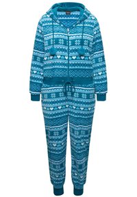 Mameluco turquesa hecho de suave forro polar, con capucha, cierre delantero y patrones de copos de nieve y corazones en blanco y azul claro.