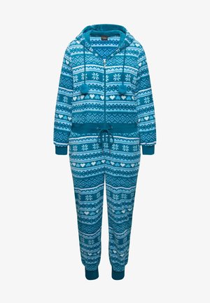 Tyrkysový overal vyrobený z měkkého fleece, s kapucí, předním zipem a vzory sněhových vloček a srdíček v bílé a světle modré barvě.