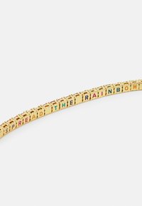 Bracciale dorato con link a lettere che formano la scritta "SPREAD THE RAINBOW", caratterizzato da accenti colorati e una superficie liscia e lucida.