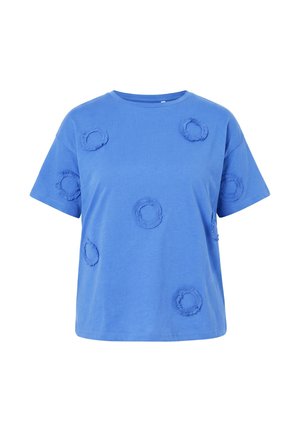 Blaues T-Shirt mit kurzen Ärmeln und sieben erhabenen, strukturierten, runden Aufnähern, die gleichmäßig auf Vorderseite und Ärmeln verteilt sind.