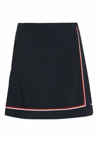 Falda azul marina con rayas rojas y blancas a lo largo del borde derecho y el dobladillo inferior, de longitud hasta la rodilla y con un diseño limpio y sencillo.