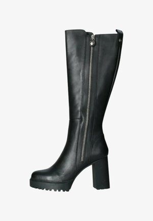 Stivali neri in pelle alti fino al ginocchio con tacco grosso, dotati di una cerniera laterale e suola in gomma texture per una migliore aderenza.