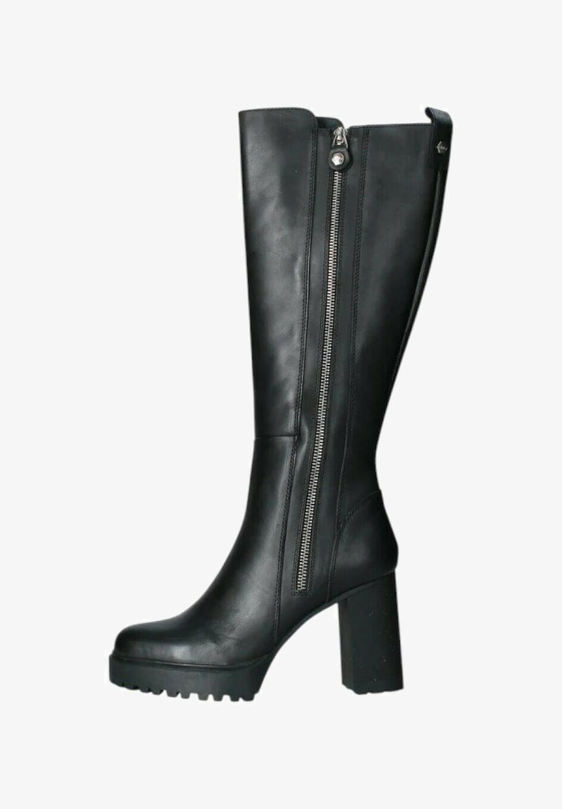Stivali neri in pelle alti fino al ginocchio con tacco grosso, dotati di una cerniera laterale e suola in gomma texture per una migliore aderenza.