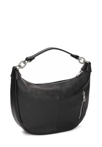Borsa a mano in pelle nera con una forma arrotondata, finitura textured, manico superiore e accessori in argento, dotata di una tasca con zip sul lato.
