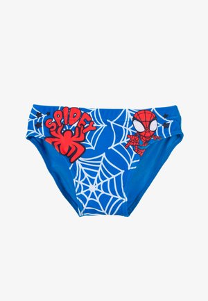Blue swim briefs with spider web design, featuring red "Spidey" text and a Spider-Man graphic. Made of stretchy material.