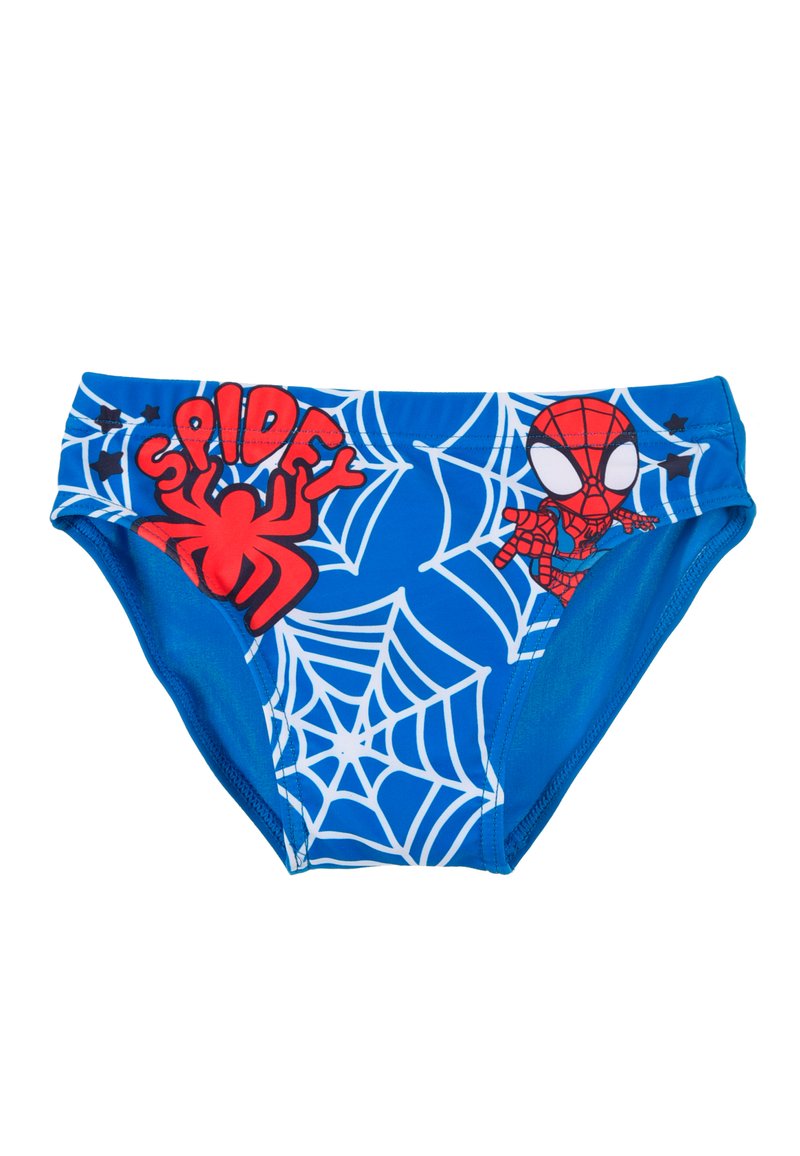 Blaue Schwimmslips mit Spinnennetzdesign, featuring roten "Spidey"-Text und einem Spider-Man-Graphic. Hergestellt aus dehnbarem Material.