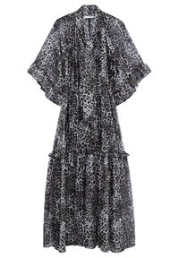 Robe midi semi-transparente avec imprimé léopard noir et gris, manches courtes amples, ourlet à volants et taille à nouer.
