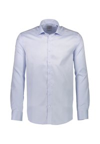 Lichtblauw, langarm overhemd met een spread collar, voorknopjes en een gladde textuur. Heeft een slim fit en klassieke stijl.
