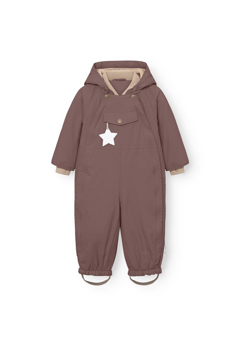 Combinaison isolante marron avec doublure beige, capuche, poche avant et accent d'étoile blanche. Comprend des poignets élastiques et des sangles pour les pieds.
