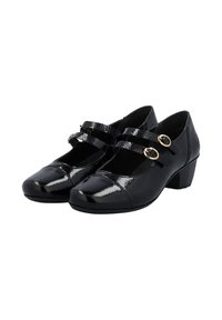 Scarpe basse in vernice nera con doppie cinghie e dettagli in oro, punta arrotondata e finitura liscia.