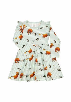 Langärmliges Kleid in hellmintgrün mit einem verspielten Bauernhoftier-Muster, das Rüschenschultern und einen ausgestellten Rockdesign aufweist.