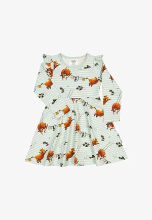 Pitkähihaiset mekko vaaleanmintunvihreällä värillä, jossa on leikkisä maatilaeläinten printti, ja siinä on röyhelöolkapäät sekä levenevä hame.